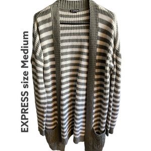 Express long Cardigan open front with 2 pocket white & gray stripped size M